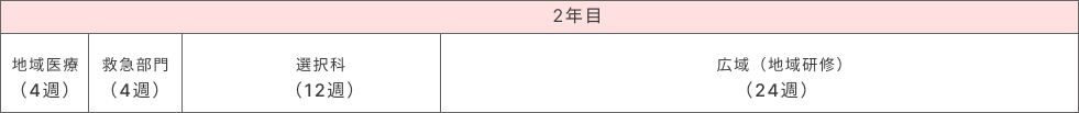 2年目 地域医療（4週）、救急部門（4週）、選択科（12週）、広域（地域研修）（24週）