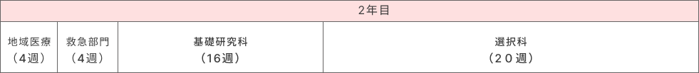 2年目 地域医療(4週)、救急部門(4週)、基礎研究科(16週)、選択科(20週)