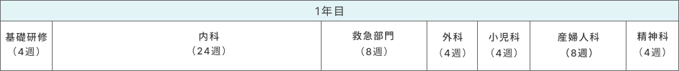 1年目 基礎研修(4週)、内科(24週)、救急部門(8週)、外科(4週)、小児科(4週)、産婦人科(8週)、精神科(4週)