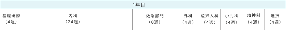 1年目 基礎研修(4週)、内科(24週)、救急部門(8週)、外科(4週)、産婦人科(4週)、小児科(4週)、精神科(4週)、選択(4週)