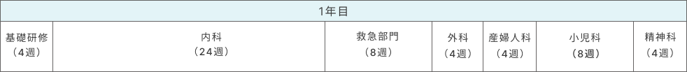 1年目 基礎研修(4週)、内科(24週)、救急部門(8週)、外科(4週)、産婦人科(4週)、小児科(8週)、精神科(4週)